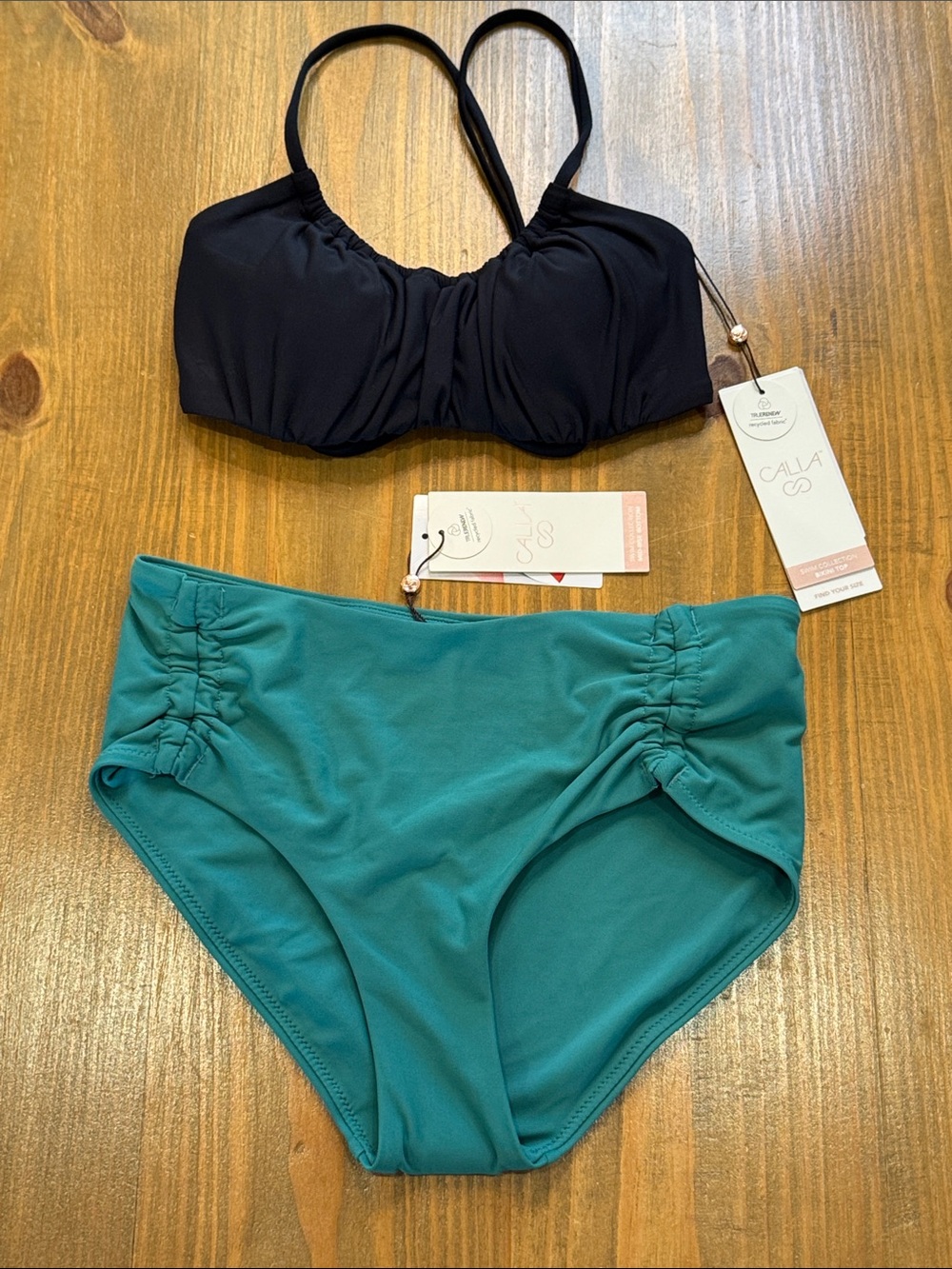 CALIA Women's Scrunched Tie Back Top & Mid-Rise swim Bikini Set Black & Teal